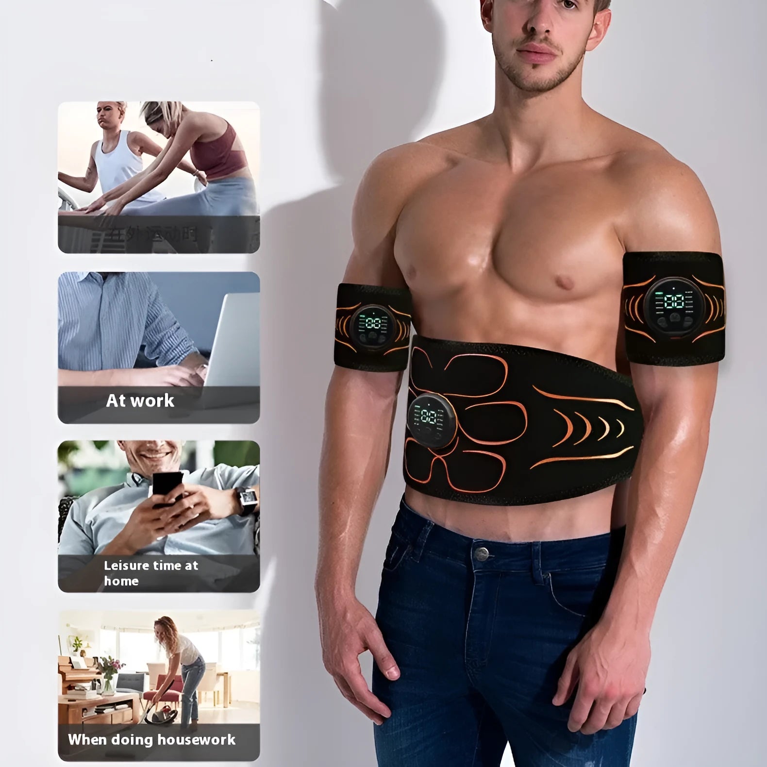 Silicone EMS belly shaping belt with muscle stimulator and hand and foot straps on orange background