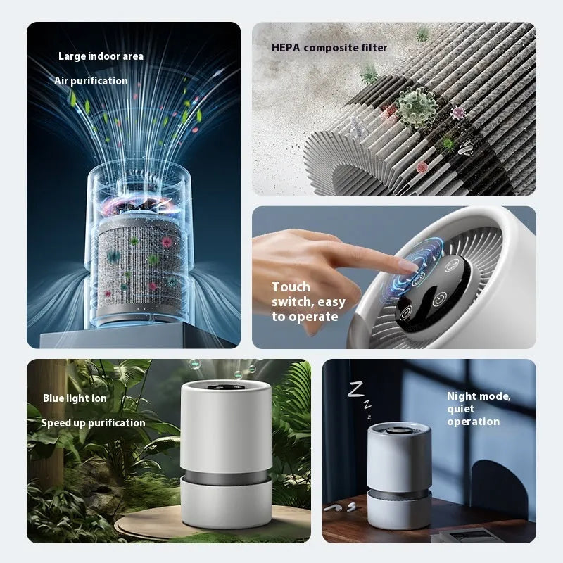 White desktop air purifier on a table with USB cable and aromatherapy tablets
