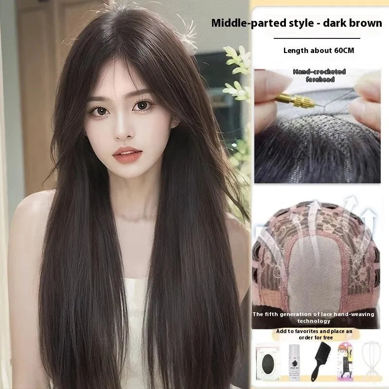 Forehead lace long straight wig with side bangs in high temperature fibre material