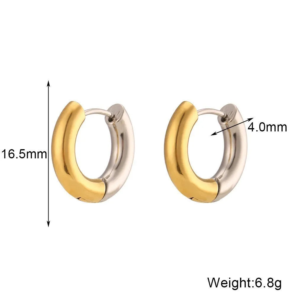 Gold geometric stainless steel jewellery set for women, showing earrings, necklace, and bracelet with electroplated finish.