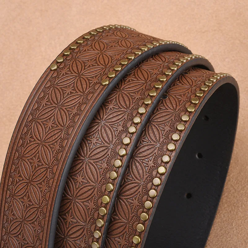 Men's cowhide faux leather belt with embossed rivets and alloy buckle in brown finish