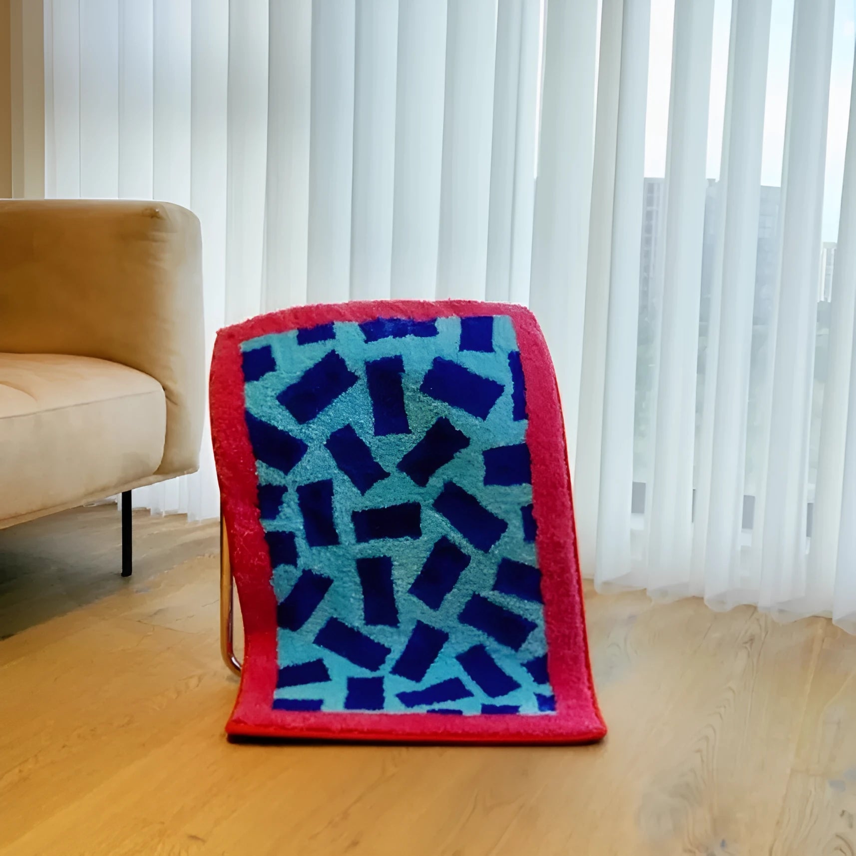 Tufted square carpet in dopamine colour matching, blue and white, 50x80cm size on floor