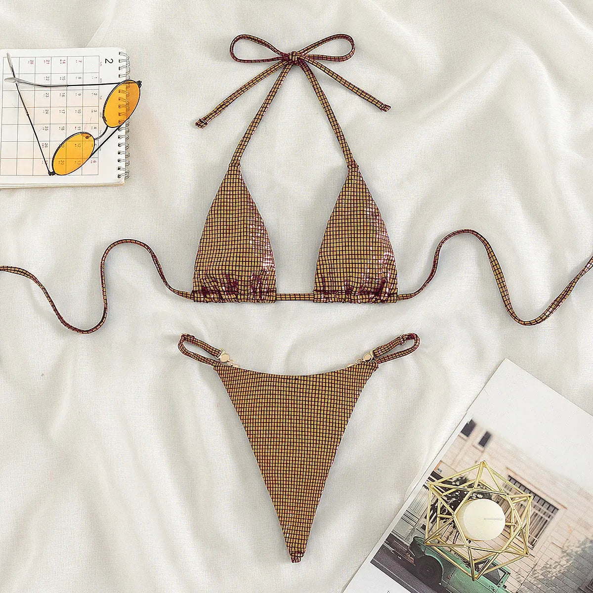 Women's solid colour T-back split bikini swimsuit in blue, rose red, gold or new colour