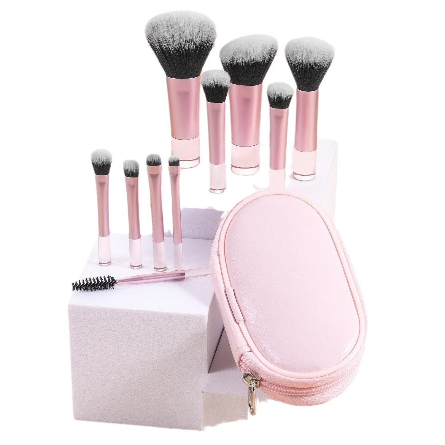 10 piece makeup brush set with crystal handles and aluminium tubes in storage bag