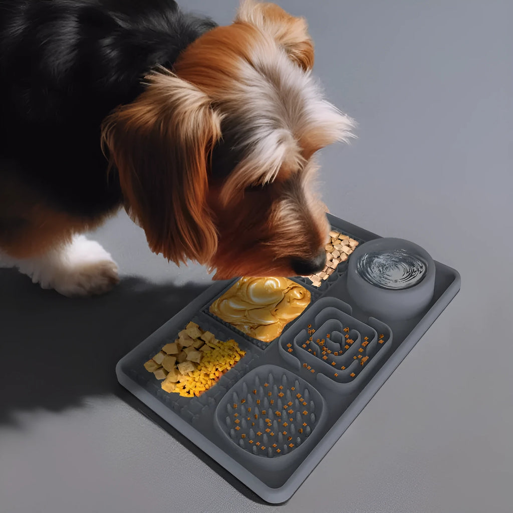 Silicone dog slow food mat with sucker base, square or rectangular, in green, pink, grey, black, or blue.