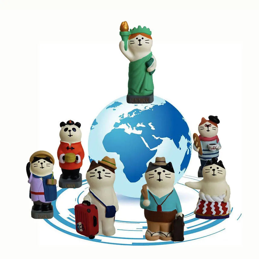 Cartoon cat Statue of Liberty resin statue holding a world globe, Carp Cat and Earth Instrument Cat styles.