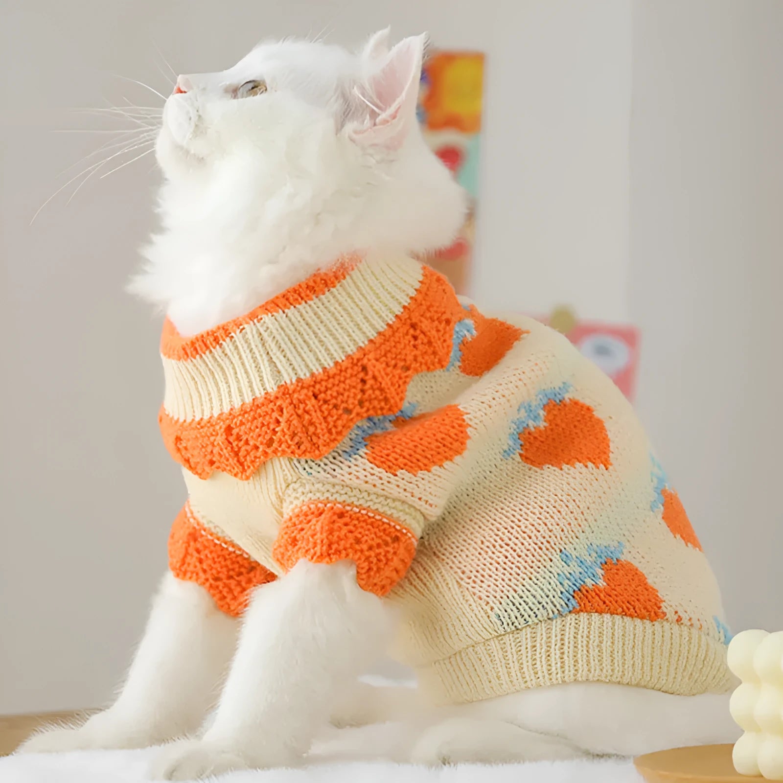 Orange acrylic cat sweater for fall shedding prevention on a cat, casual style, size L