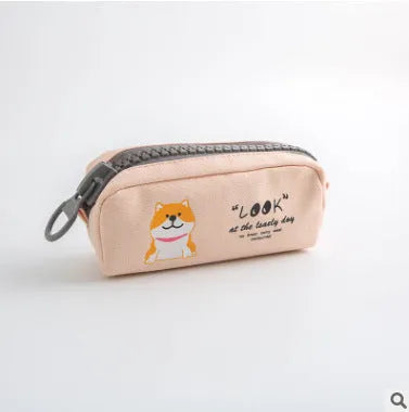 Leather corner animal pencil case in cartoon pattern with zip closure, compact storage for pens and pencils