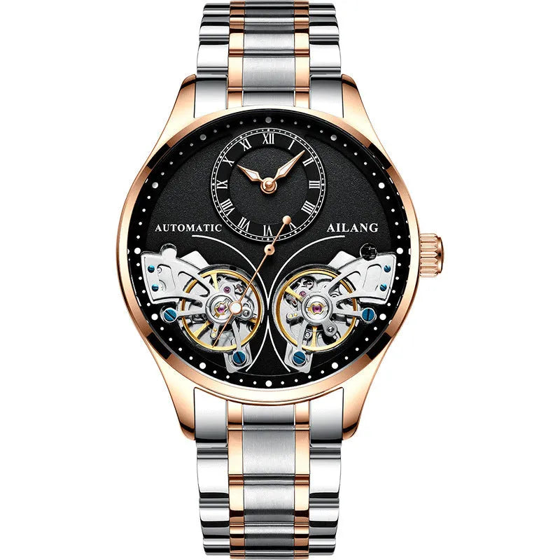Men's automatic watch with tourbillon, moon phase, black steel case, and transparent back showing Seiko movement.