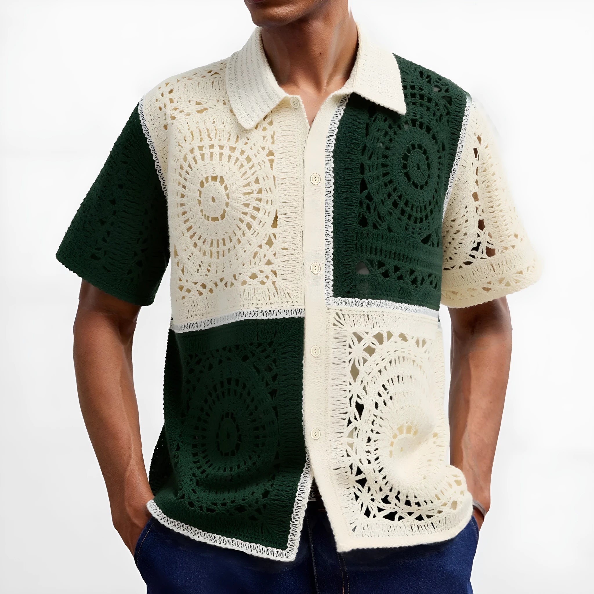 Beige men's short sleeve knitted shirt with colourblock pattern and flocking texture detail
