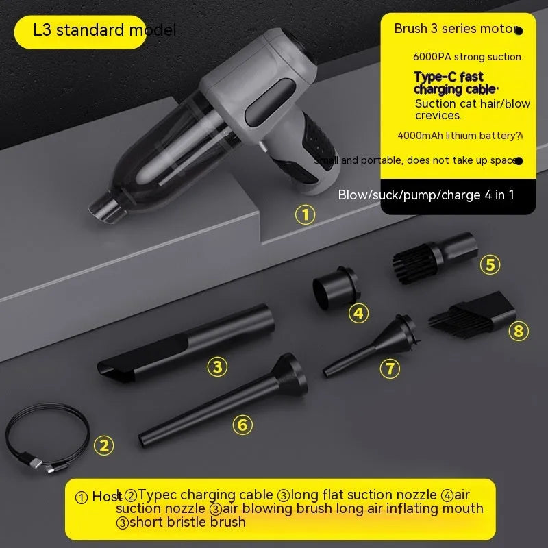Handheld car vacuum cleaner with nozzle attachments in black, white, or grey colours