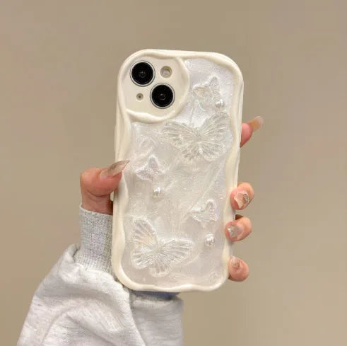 Transparent silicone iPhone case with curved cement white epoxy butterfly, drop-resistant, for iPhone 11-15 Pro Max.