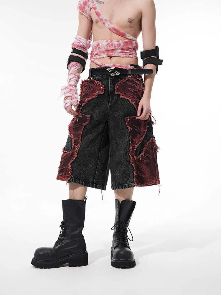 Distressed wide-leg denim cropped pants with brushed stitching and mid-high waist