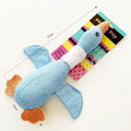 Blue plush duck dog toy with squeakers for chewing and fetch play.