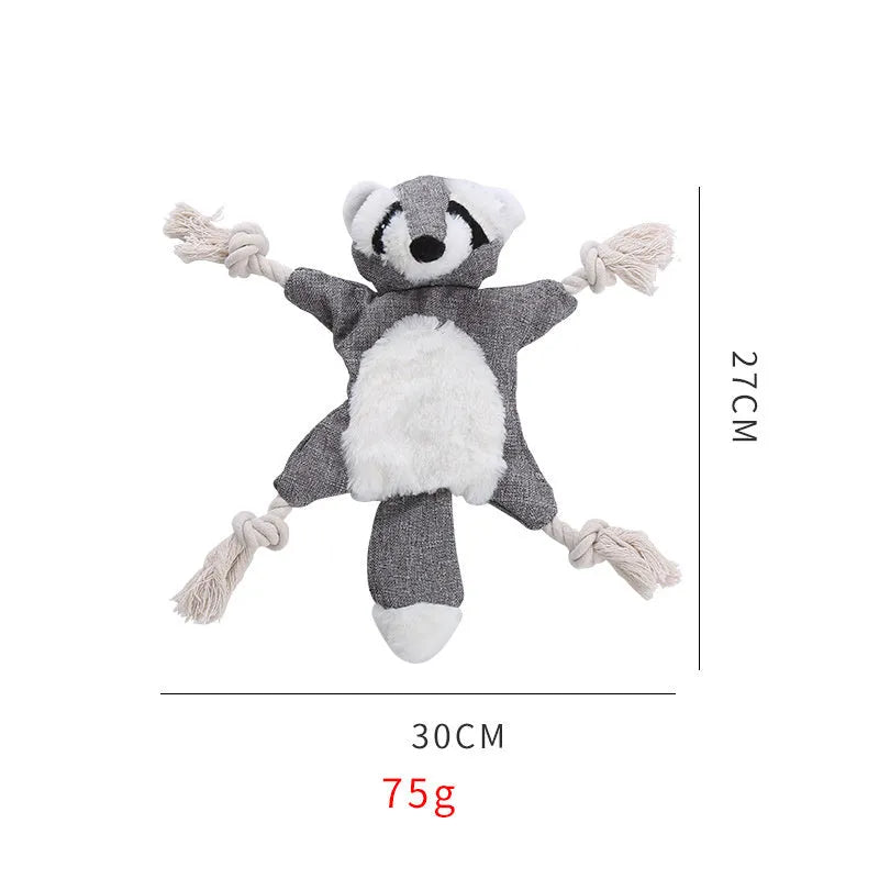 Brown fox-shaped dog toy with squeaker in head, crinkle paper body, and rope arms for chewing