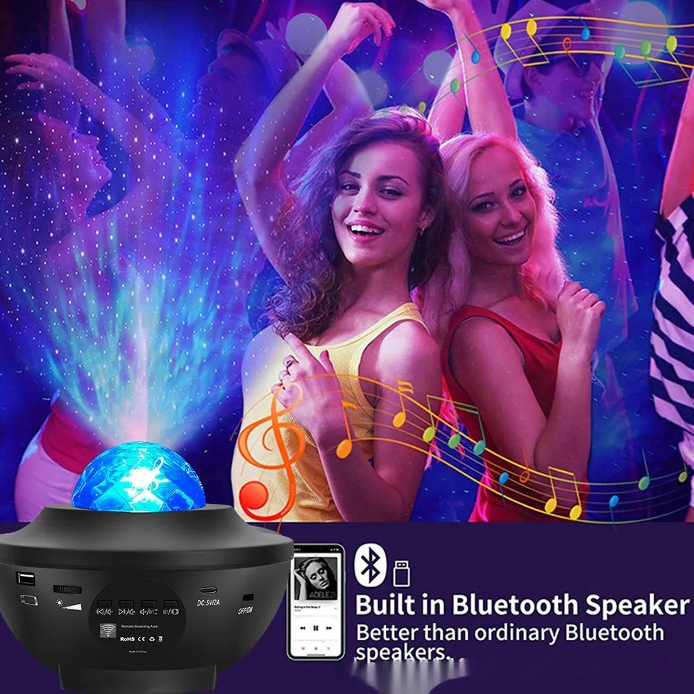 Black parallel starry sky projection lamp with USB cable and remote control on desktop