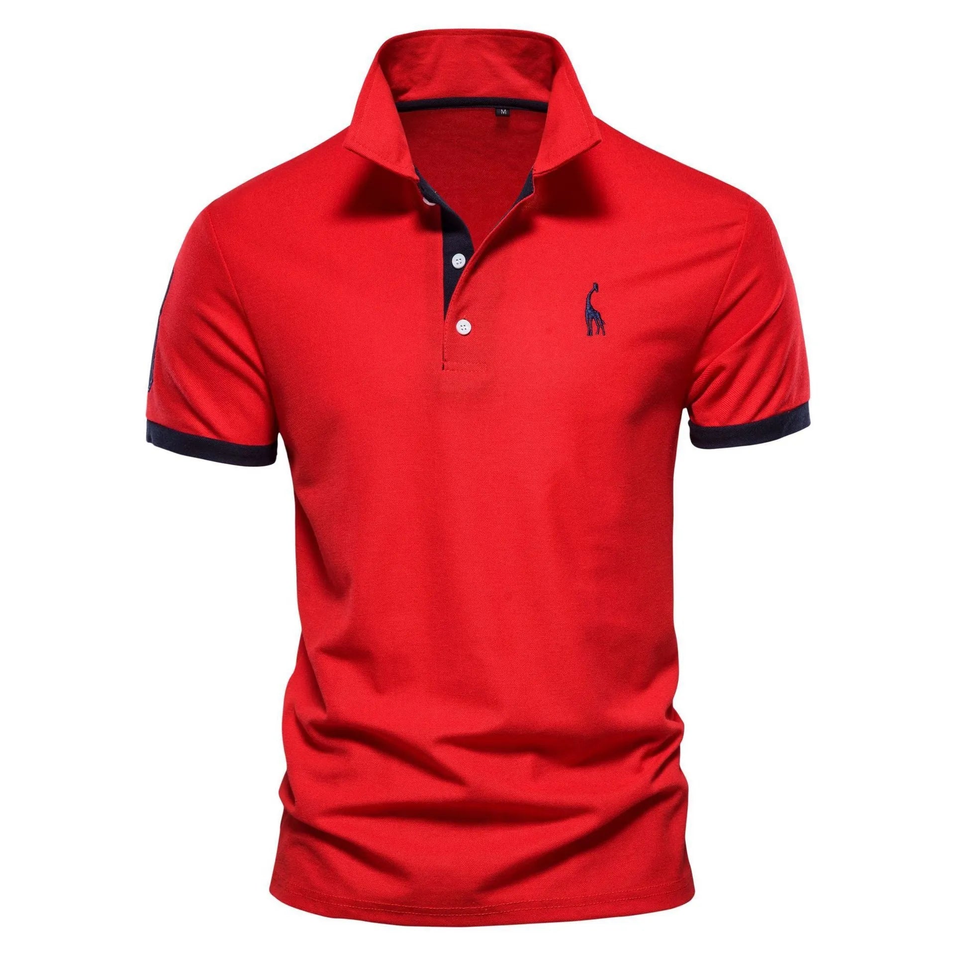 Men's slim fit embroidered short sleeve T-shirt in a cotton blend fabric on a hanger.