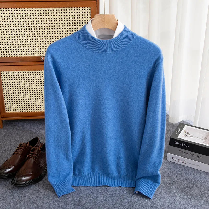 Man wearing a half-turtleneck wool sweater in camel colour, loose fit, for winter.