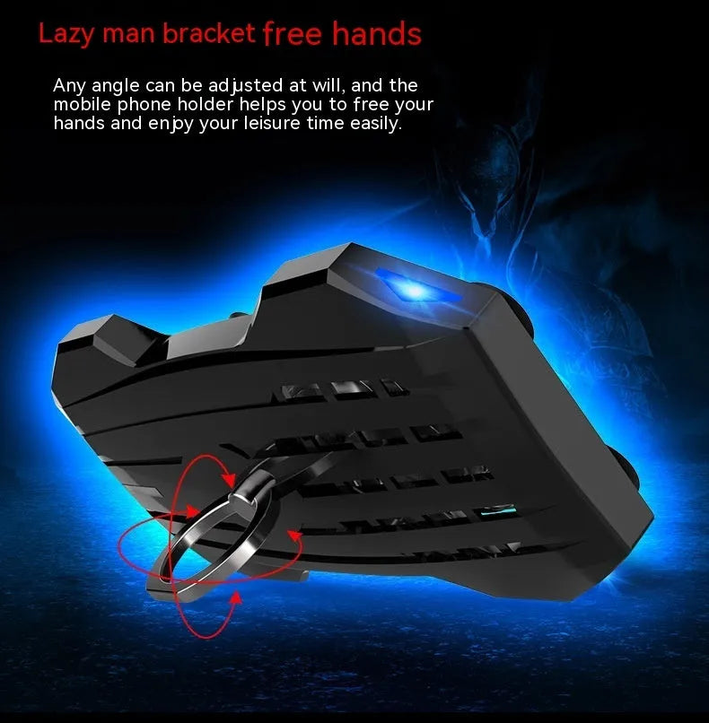 Red portable mobile phone cooling fan heat sink with USB cable on blue background