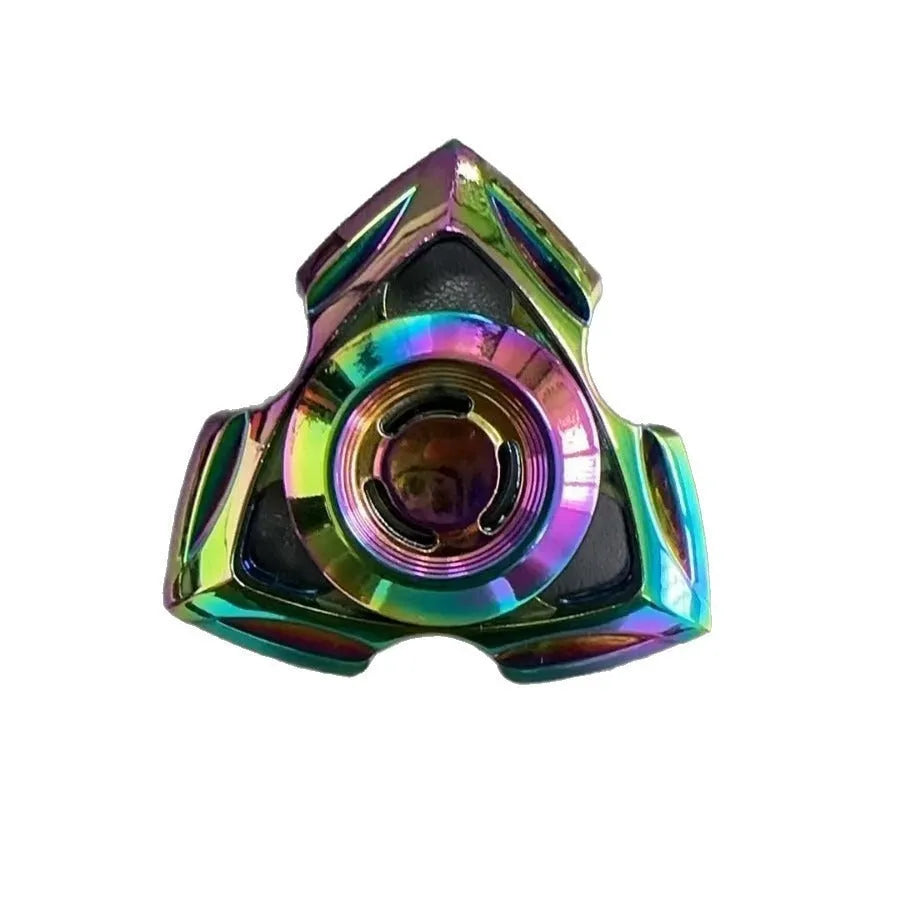 Silver and colourful alloy fingertip gyro decompression fidget toy on a plain background.