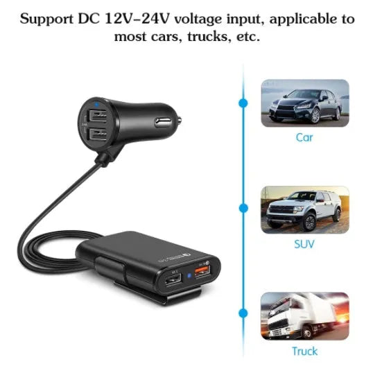 4 USB car charger with cable and clip, black or white, QC3.0, 1.7m cable