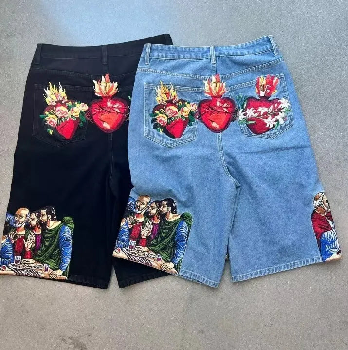 Men's blue cotton shorts with Jesus printed back pocket in tapered casual design
