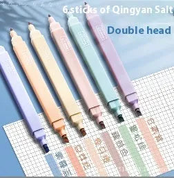 Set of double headed fluorescent highlighter pens showing two different coloured tips on each pen.