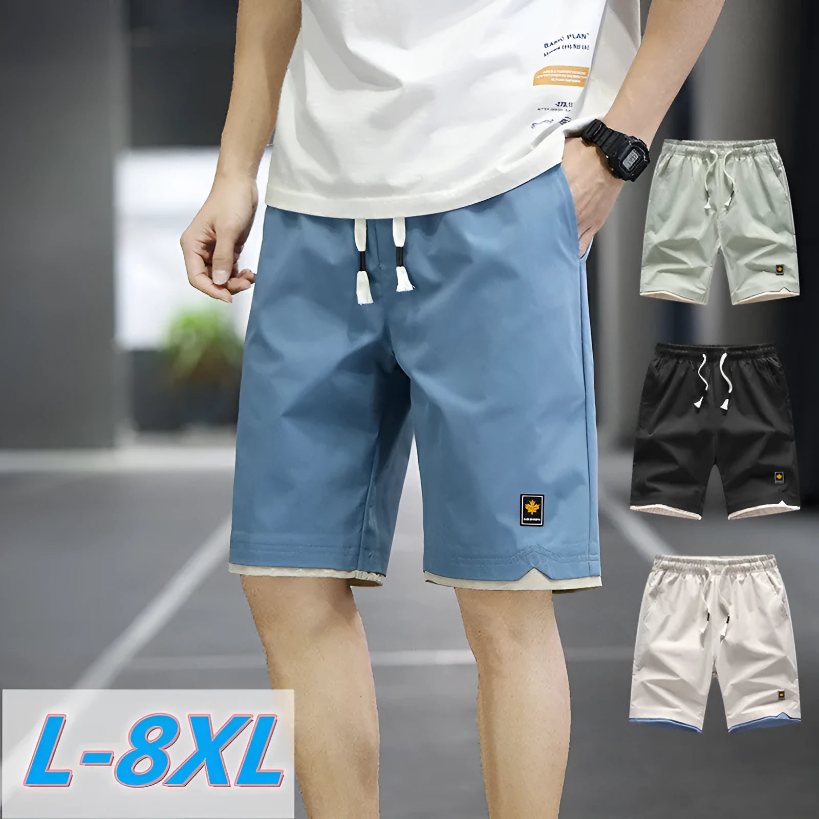 Korean style straight leg loose beach shorts in polyester, shown in green on a mannequin.