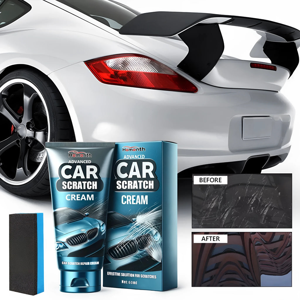 Car scratch repair cream kit showing 60ml tube and application sponge for minor paint damage restoration