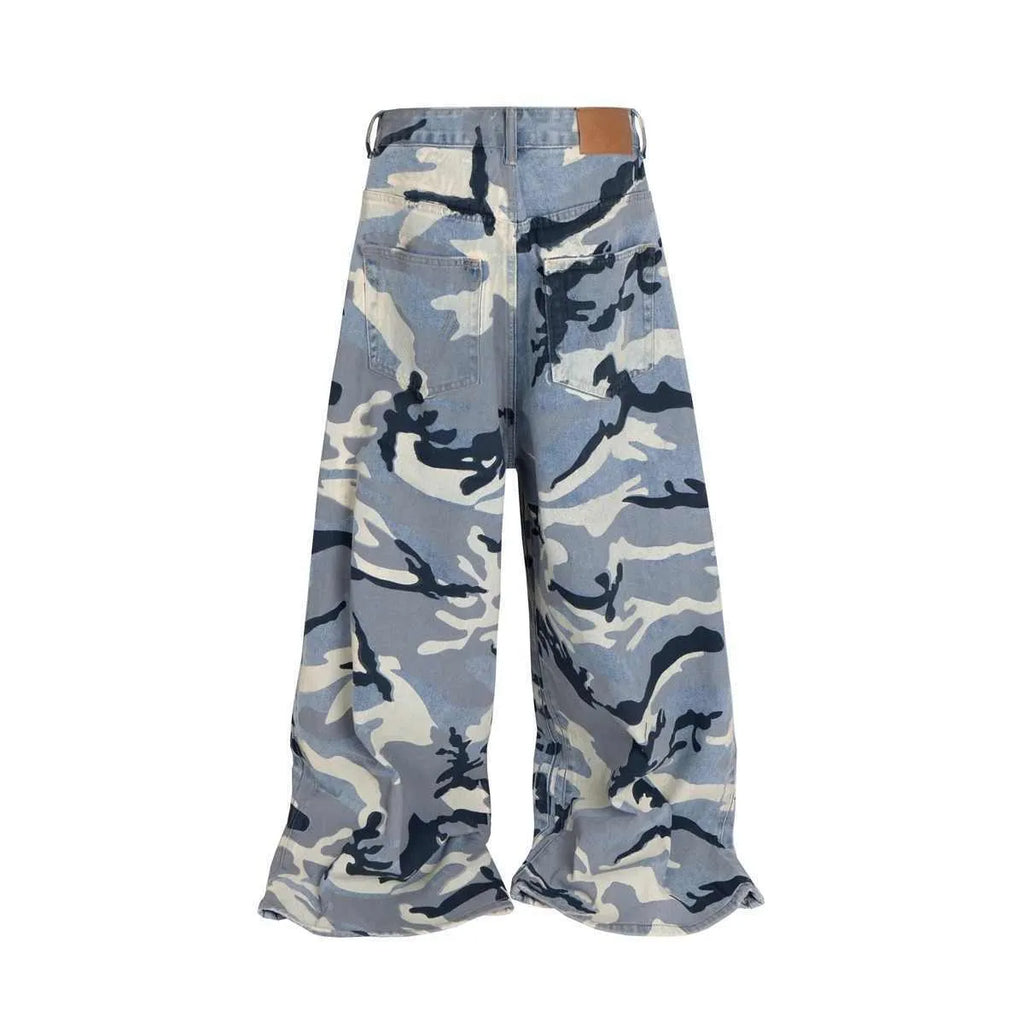 Snow camouflage blue loose fit jeans with micro-elastic stretch in cotton denim