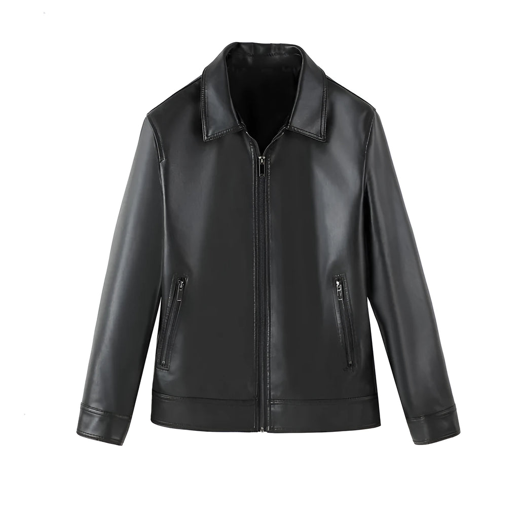 Men's black PU leather casual jacket with zipper pockets shown in loose fit design