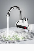 White electric instant water heater with digital display for kitchen sink installation.
