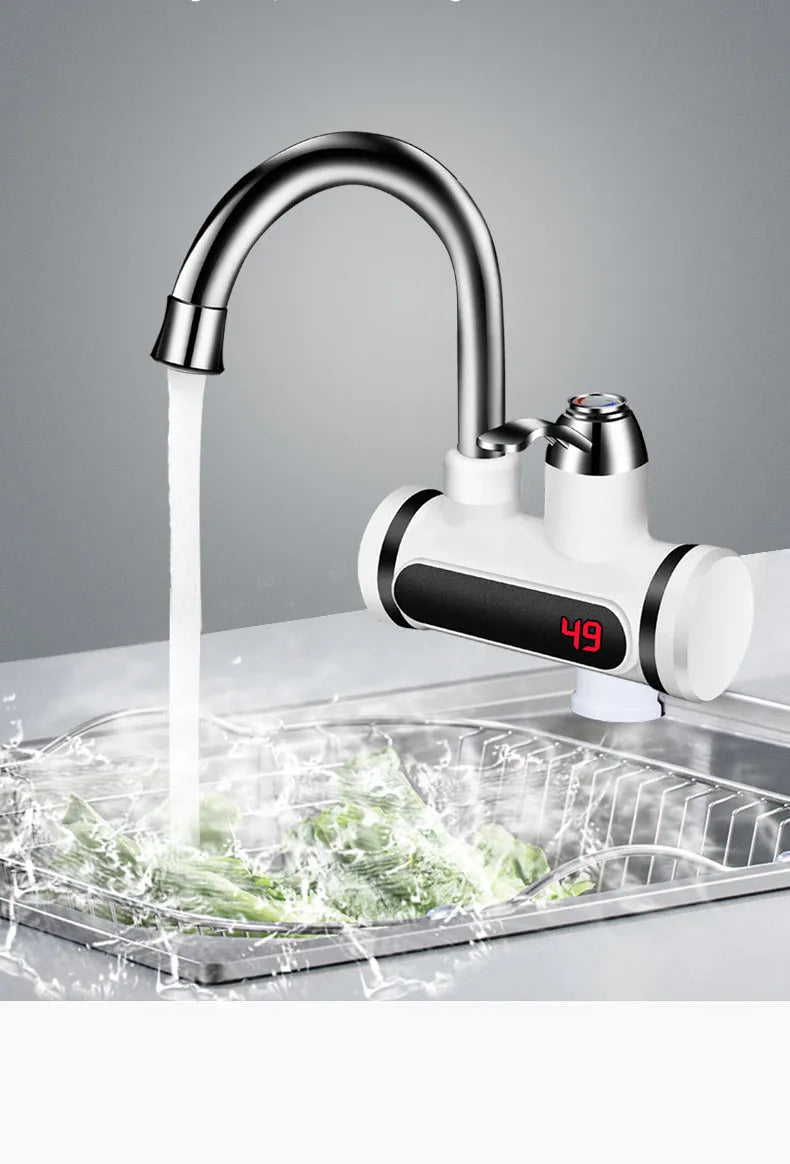 White electric instant water heater with digital display for kitchen sink installation.
