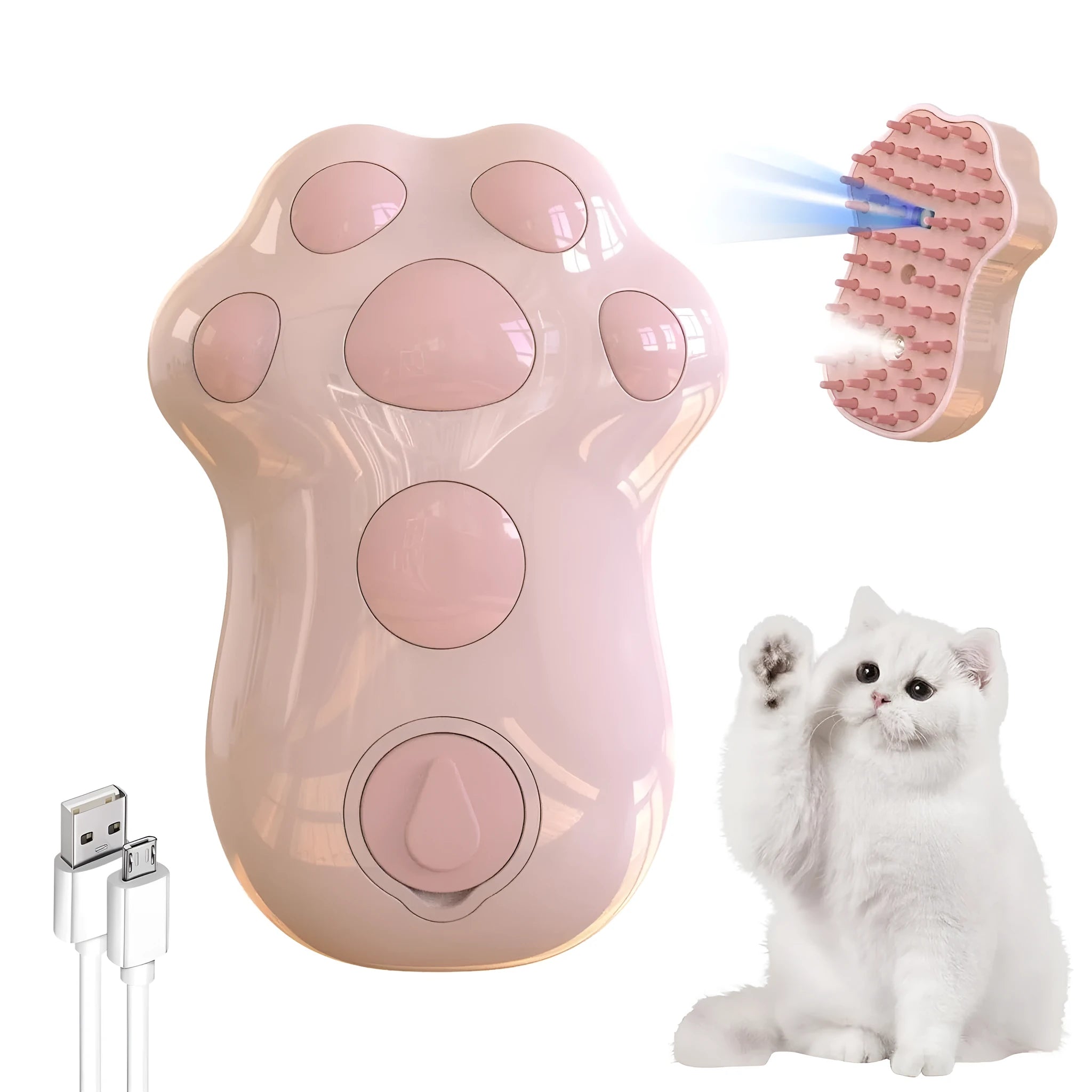 Blue self-cleaning cat steam brush with silicone bristles and a water spray nozzle.