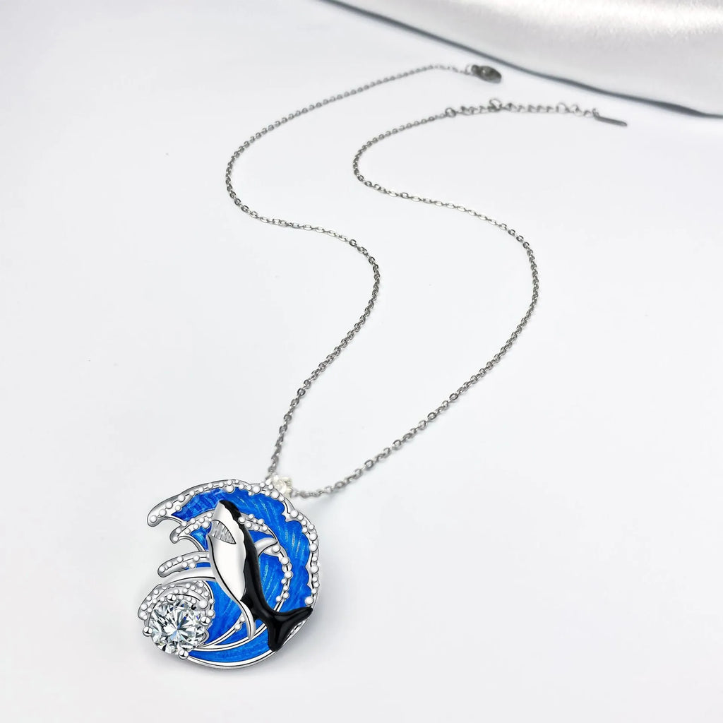 Silver tone shark pendant necklace on cross chain with adjustable 41-50cm length