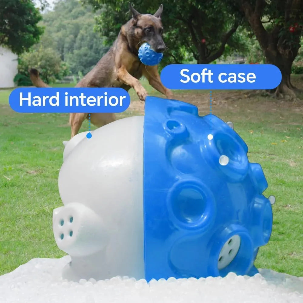 Durable rubber dog chew ball in multiple colours with squeaky sound and teeth-cleaning bumps.