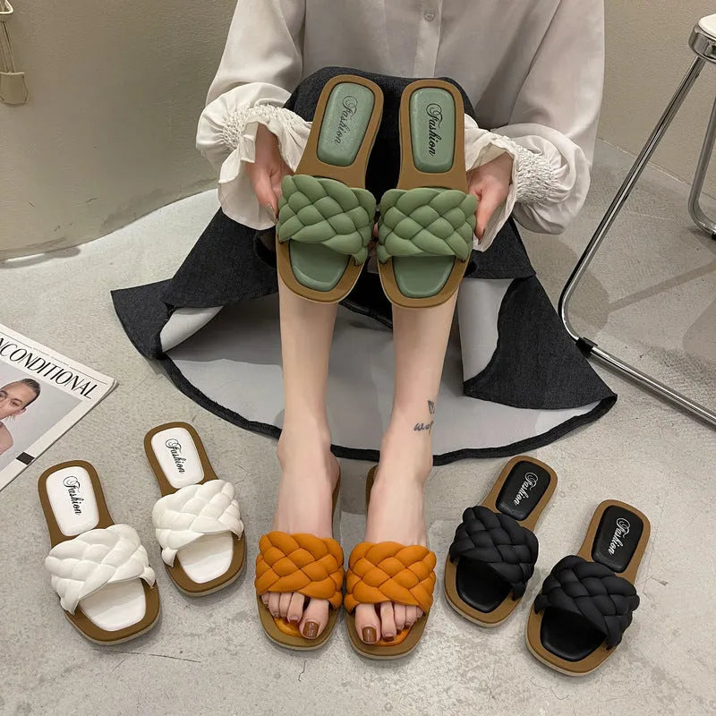 Women's plaid pattern beach sandals with thick PVC anti-slip sole in green colour.