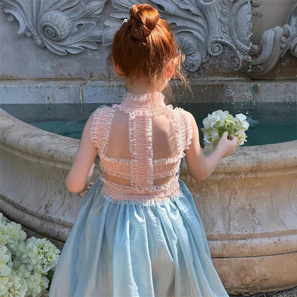 Girls backless sleeveless dress light blue suspender style cotton lined 90-140cm children summer wear