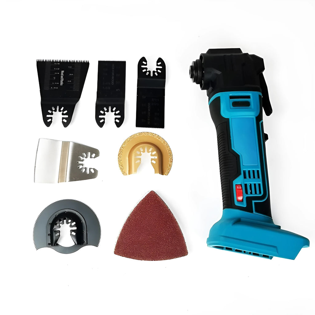 Rechargeable brushless lithium battery trimming machine with metal construction and accessories in a plastic box.