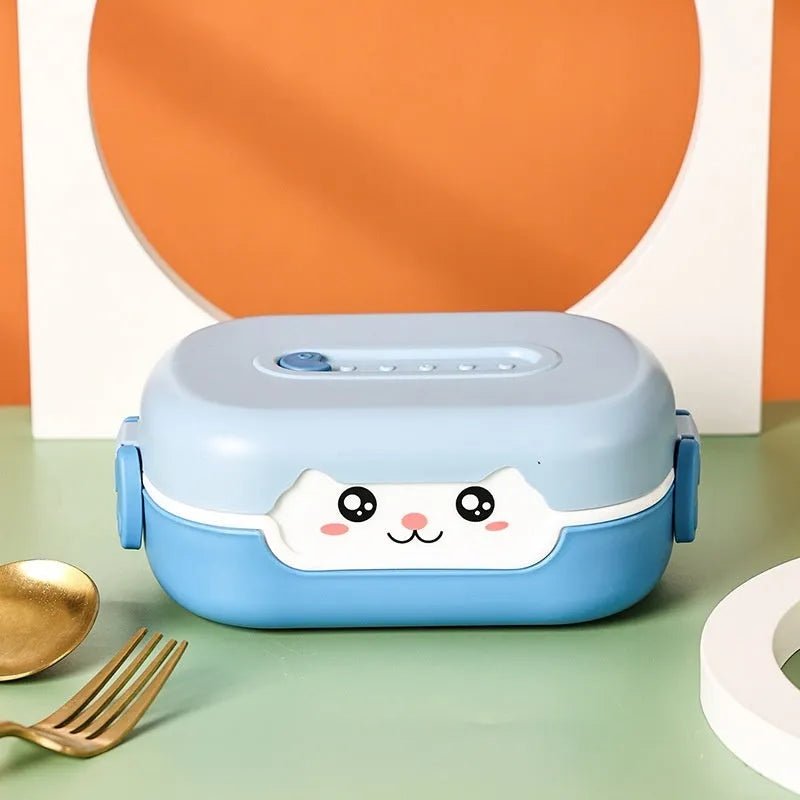 Square divided plastic lunch box with cartoon design in dark blue, orange, or pink-green colours