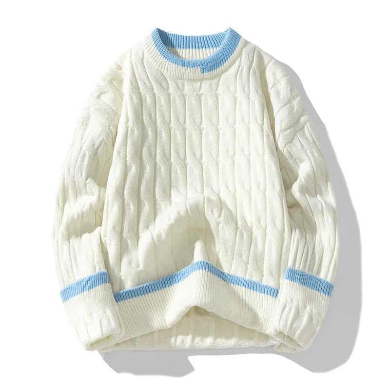 Men's two-piece acrylic winter sweater set in loose fit with long sleeves showing colour options