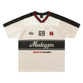 Apricot coloured loose fit V-neck sports jersey with short sleeves and a printed letter pattern.