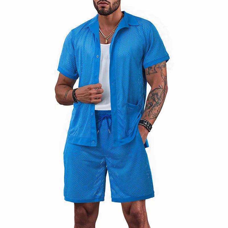 Women's light blue see-through short sleeve cardigan and matching shorts beach set laid flat.