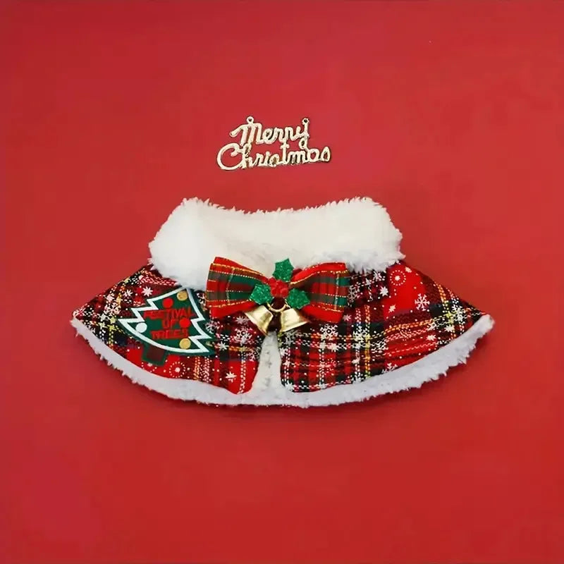 Red polyester dog scarf with bell pattern, sized M for pets approx. 5kg, worn for Christmas.