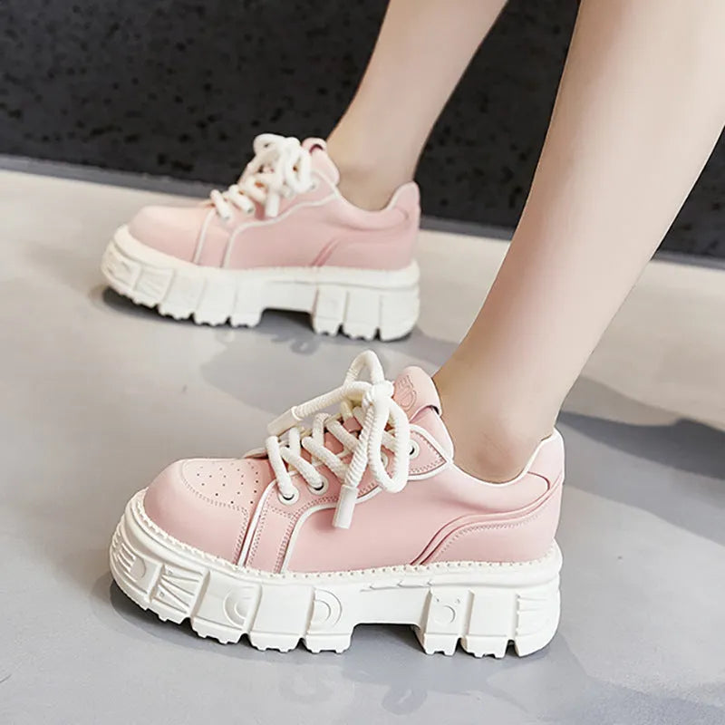 Women's beige leather casual shoes with a 3cm high spring muffin rubber foam sole.