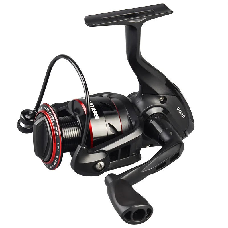 All metal spinning fishing reel and collapsed telescopic fishing rod combo on a background.