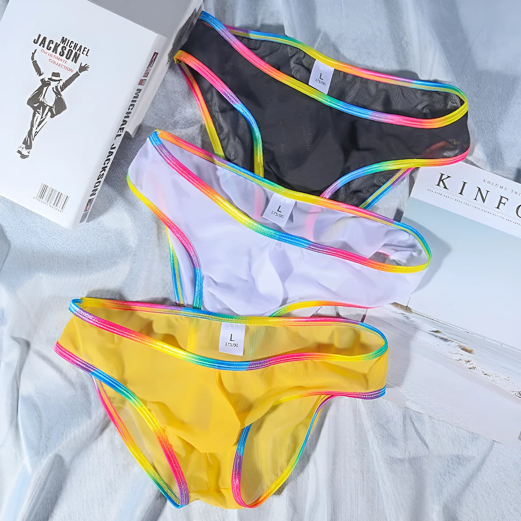 Mesh transparent women's briefs in multiple colours showing knitted nylon fabric.