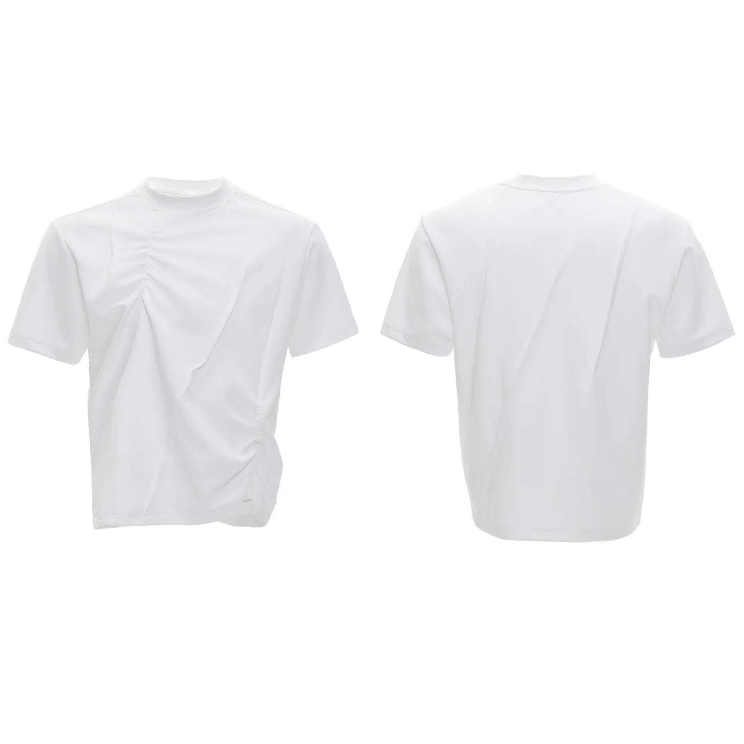 Men's grey pleated cotton t-shirt with round neck and short sleeves on a loose fit model