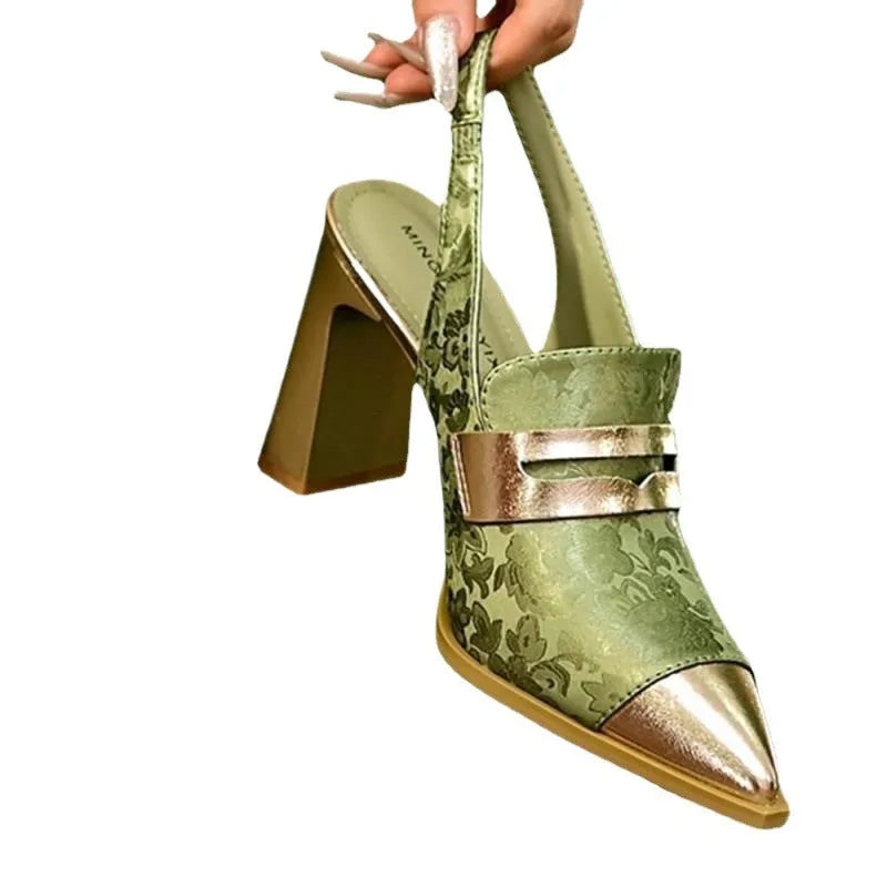 Women's black Korean-style strap sandals with a chunky heel, pointed toe, and elastic band.