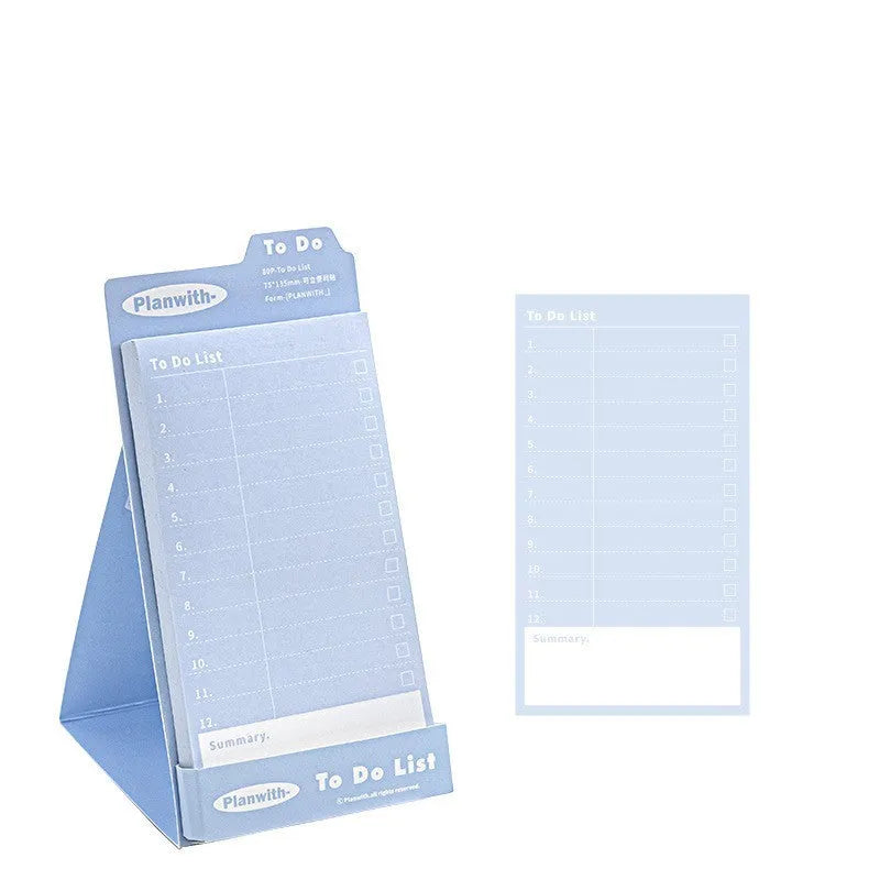 Portable standing Post-it notes in green blank, purple line, blue blank, and gray line colours